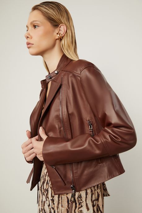 Jaqueta De Couro Duplo Zíper Marrom Cafe - 36