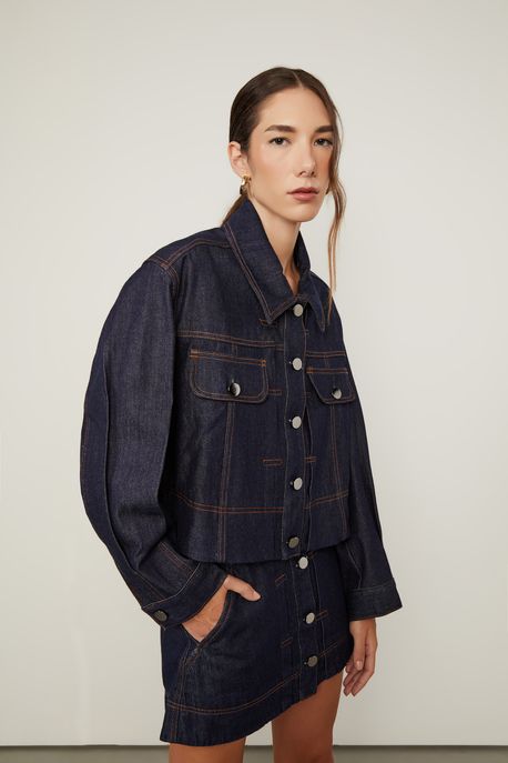 Jaqueta Jeans Raw Detalhes Pesponto Jeans Escuro - M