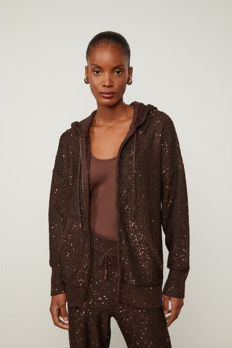 Casaco De Tricot Com Paetê Hoodie Marrom Cafe - P