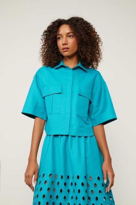 Camisa Cropped Com Bolsos Azul Frame - P