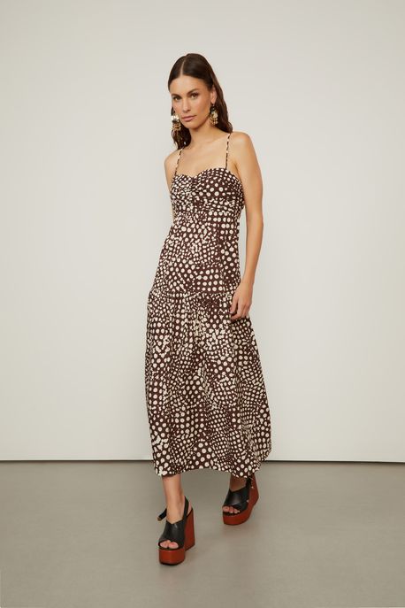 Vestido Midi De Alcinha Franzido De Algodão Estampado Pois Vitral Cafe e Creme - 34