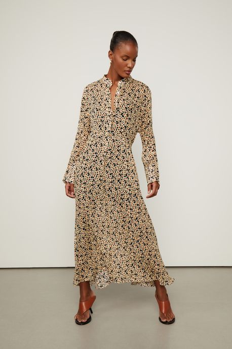Vestido De Georgette Leve Longo Manga Longa Estampado Est Floral Ruido Preto e Grass - 42