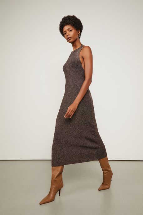Vestido De Tricot Lurex Midi Decote Costas Marrom Cafe / Lurex Cobre - P