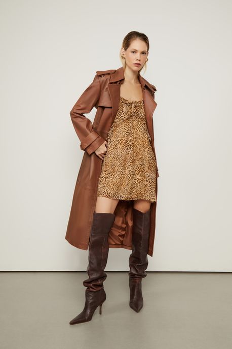 Vestido De Georgette Leve Curto Babados Estampado Decote Amarração Est Onca Suspiro Color - 38