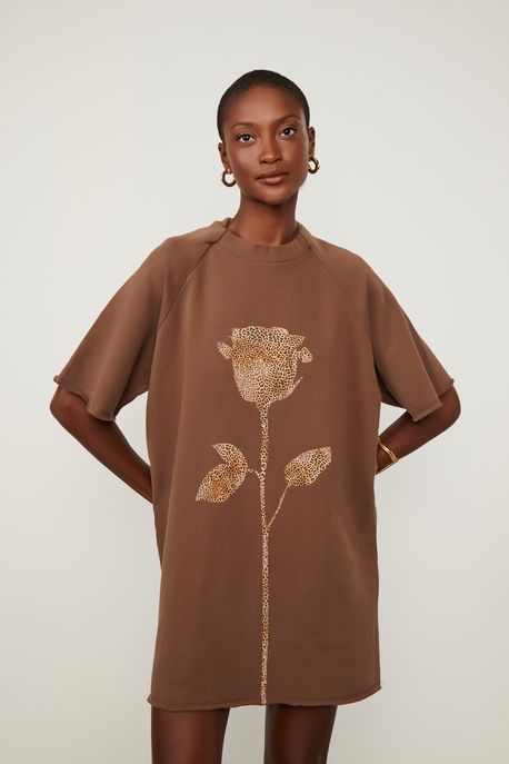 Vestido De Malha Marrom Curto Silk Rosa Onça Marrom Café - P