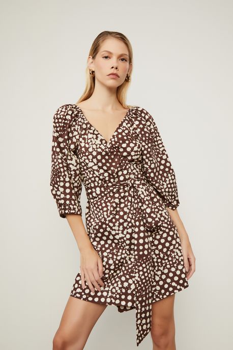 Vestido Curto Manga Longa Cachecouer De Algodão Estampado Pois Vitral Cafe e Creme - 36