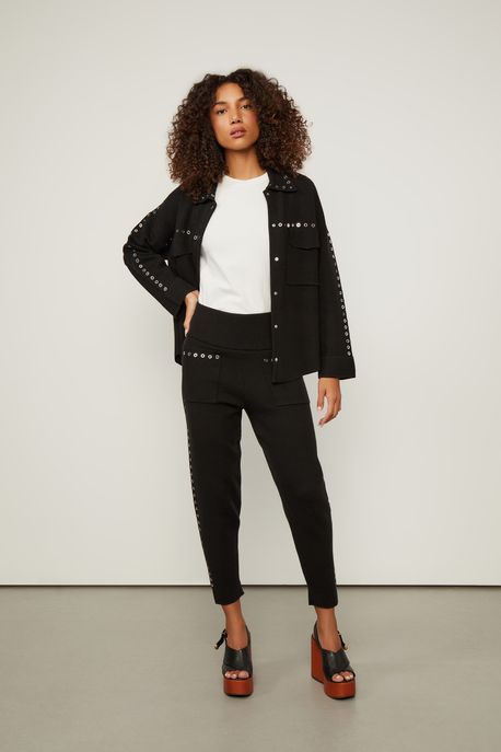 Calça De Tricot Com Detalhe Ilhós Preto - M