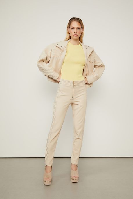 Calça Skinny De Malha Estruturada Bege Recorte Nervura Bege Sand - GG