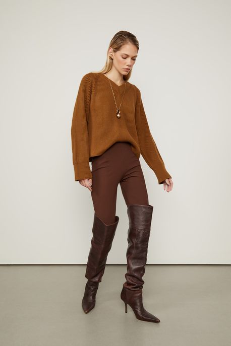 Calça Skinny De Malha Estruturada Marrom Marrom Café - PP
