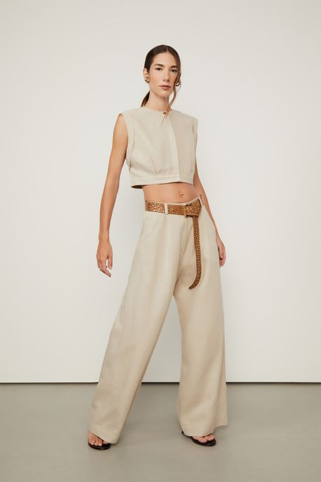 Calça Pantalona Basic De Linho Natural Natural - 44