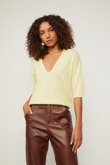 Camisa De Tricot Gola Polo Com Ombro Deslocado Amarelo Lemon Grass - G