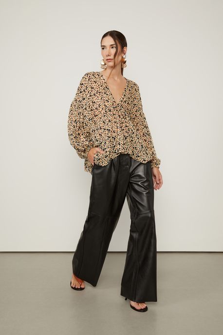 Bata De Georgette Leve Manga Longa Estampada Est Floral Ruido Preto e Grass - 38