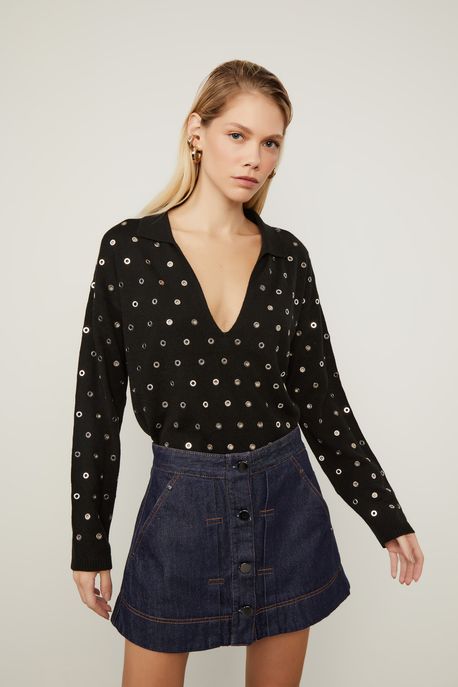 Camisa De Tricot Gola Polo Com Ilhós Preto - M