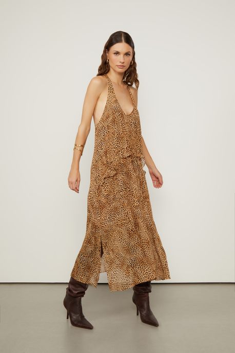 Vestido De Georgette Leve Midi Decote Nadador Estampado Est Onca Suspiro Color - 34