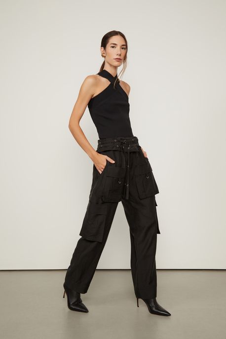 Blusa De Tricot Com Decote Cruzado Preto - G