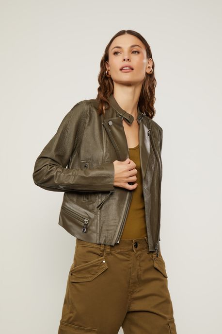 Jaqueta De Couro Motor Velour Verde Figo Escuro - 36