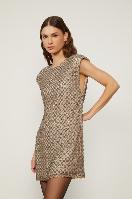 Vestido Curto Bordado Em Pedraria Bege Cashmere - 36