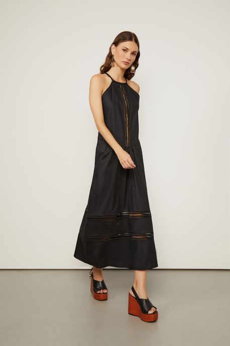 Vestido Midi De Alcinha Com Entremeios De Algodão Off White Preto - 38