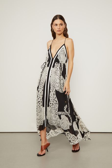 Vestido De Georgette Leve Midi Estampado Decote Nadador Costas Est Lenco Pantera Preto e Branco - 42