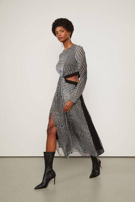 Vestido De Georgette Leve Midi Assimétrico Estampado Est Xadrez Cromo Glitch e Future - 44