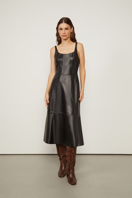 Vestido De Couro Midi Regata Corset Preto Preto - 42