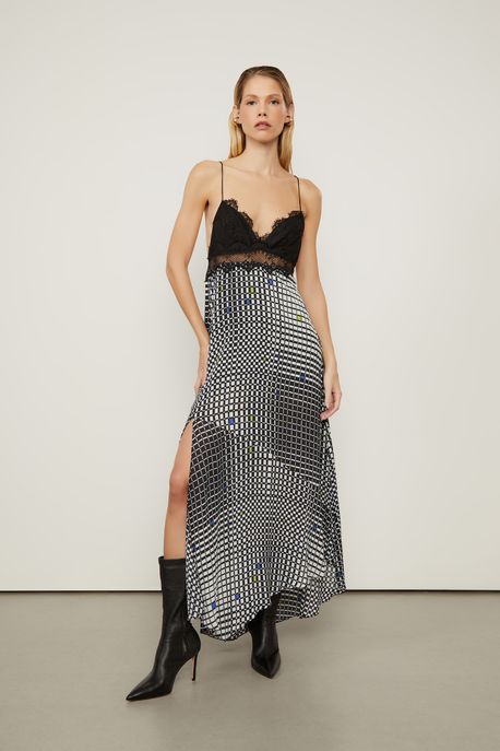 Vestido De Georgette Pesado Midi Com Renda Aplicada Esatmapado Est Xadrez Cromo Glitch e Future - 36
