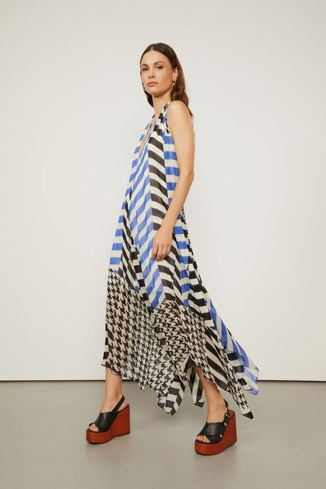 Vestido De Georgette Leve Midi Frente Única Estampado Est Listra Patch Off e Future - 44