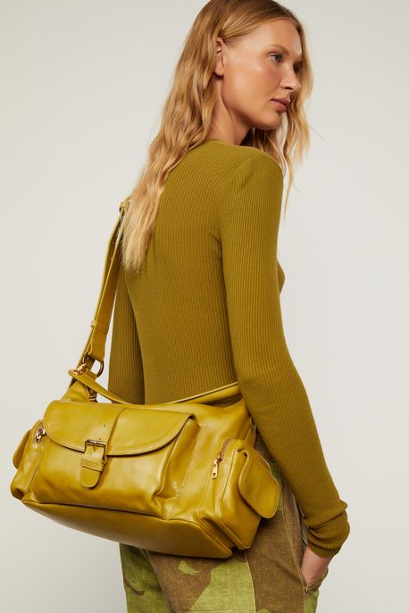 Bolsa De Couro Cargo Grande Fivelas Verde Bamboo - U