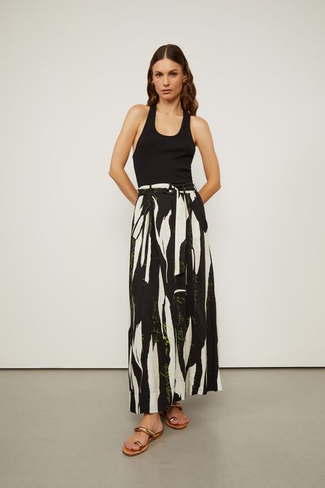 Saia Midi Com Cinto De Viscose Estampada Est Fig Recorte Lettering Preto e Glitch - 36