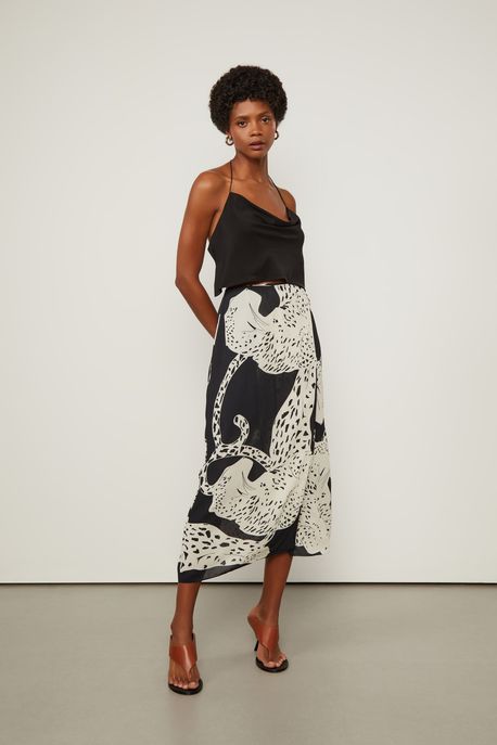 Saia De Georgette Pesado Midi Pareô Estampada Est Lenco Pantera Preto e Branco - 36