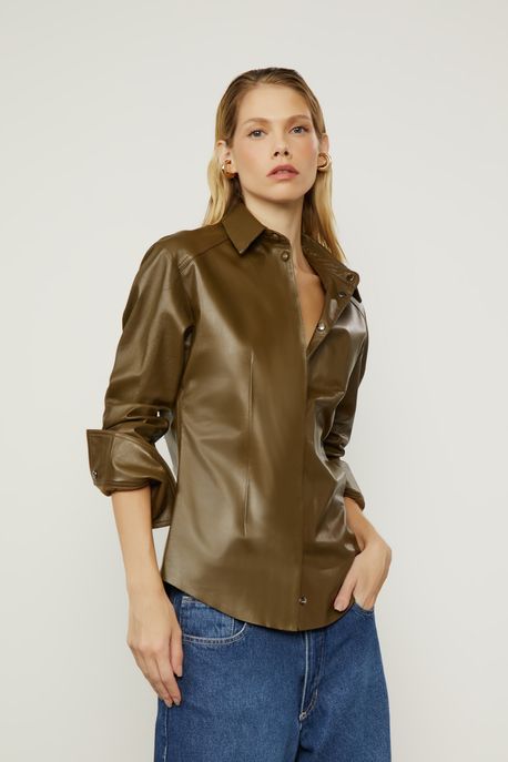 Camisa De Couro Pence Acinturada Verde Figo Escuro - 44