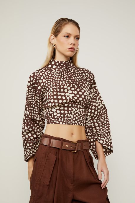 Blusa Manga Longa Franzida Gola Alta Amarração Nas Costas De Algodão Estampada Pois Vitral Cafe e Creme - 42