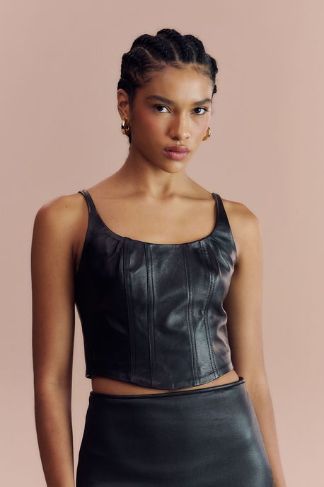 Corset De Couro Pespontado Preto - 34