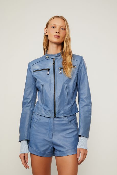 Jaqueta De Couro Box Estonada Azul Club - 36