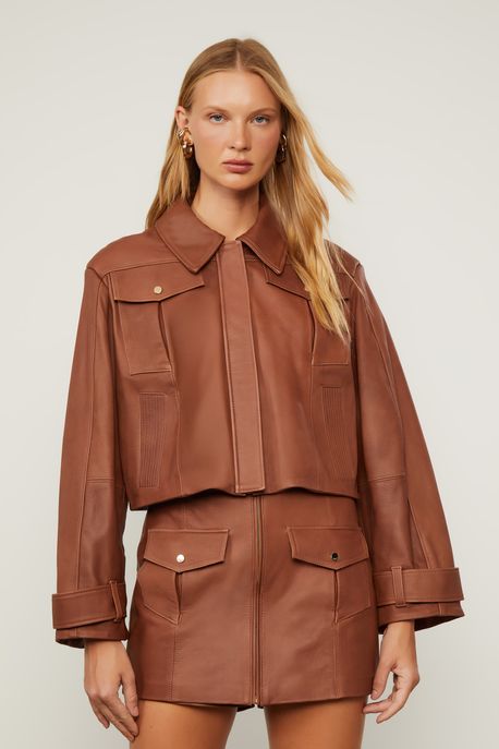 Jaqueta De Couro Ampla Bolso Pesponto Marrom Chocolate - 40