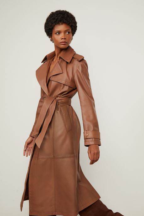 Trench Coat De Couro Classico Marrom Chocolate - G