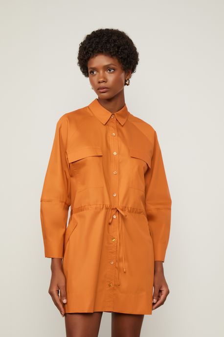 Vestido Chemise Midi Manga Longa De Algodão Laranja Laranja Queimado - 42