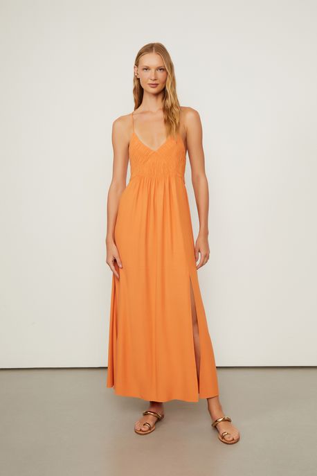 Vestido Com Busto Drapeado e Alças Cruzadas Laranja Queimado - 38