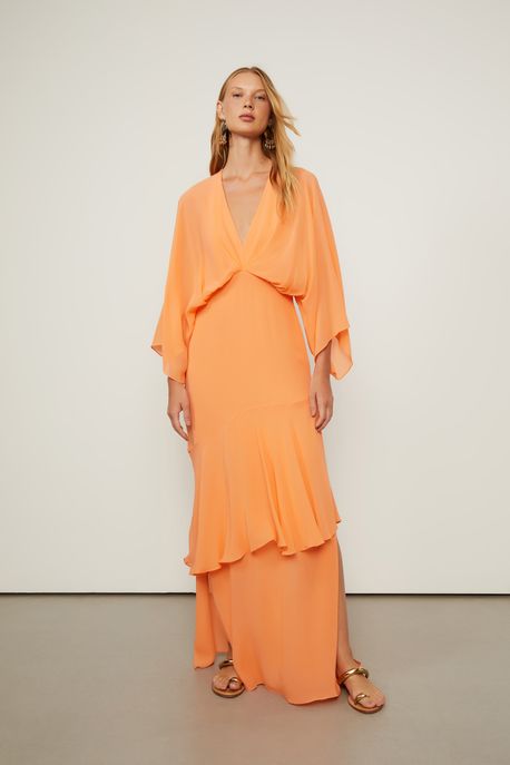 Vestido Longo Com Decote Profundo Laranja Pêssego Laranja Pessego - 40