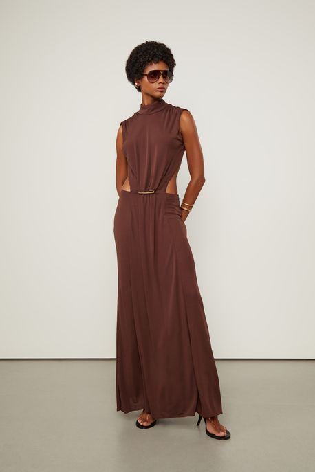 Vestido De Jersey Marrom Midi Cut Franzido Marrom Cafe - G