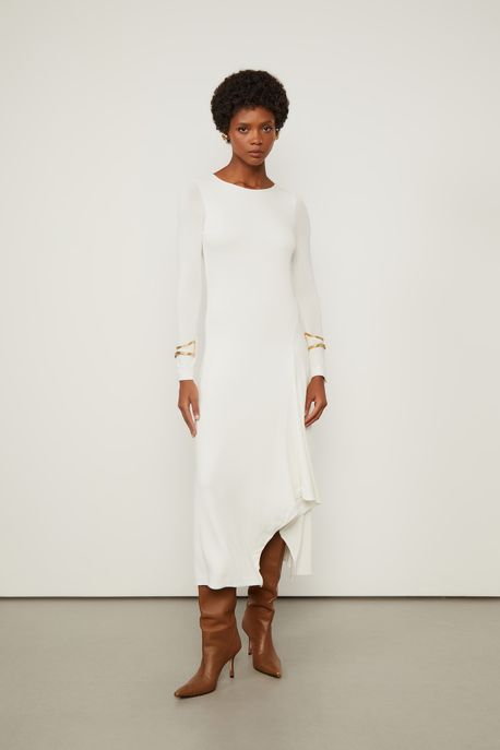 Vestido De Malha Off White Manga Longa Com Recorte Off White - G