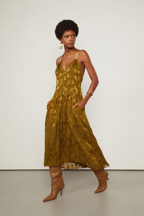 Vestido Devorê Midi Verde Alça Cruzada Costas Verde Figo - 42