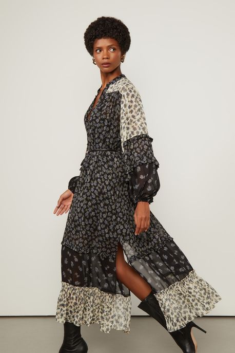 Vestido De Georgette Leve Midi Manga Longa Estampado Fenda Lateral Est Floral Seco Azul e Preto - 40