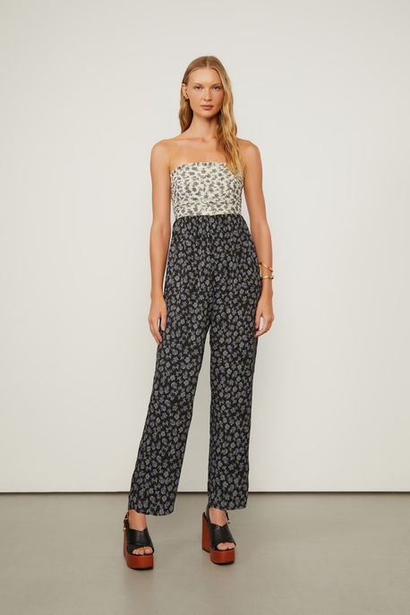 Macacão De Georgette Pesado Toma Que Caia Estampado Est Floral Seco Azul e Preto - 40