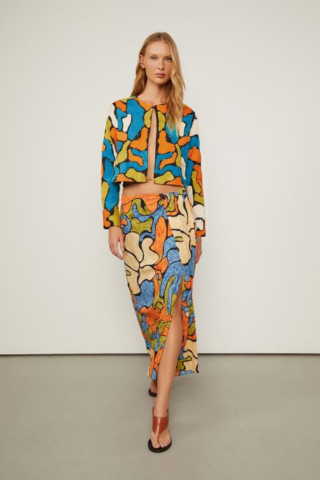 Saia De Georgette Leve Midi Estampada Cós De Elástico Est Floral Liquido Preto e Queimado - 36