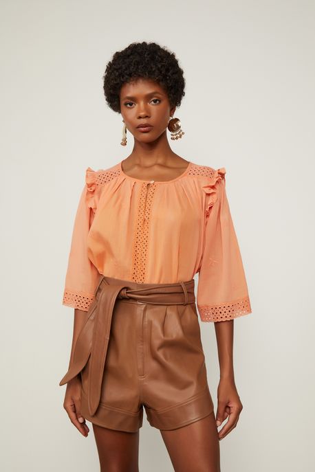 Blusa Bordada Floral Laranja Queimado - 38