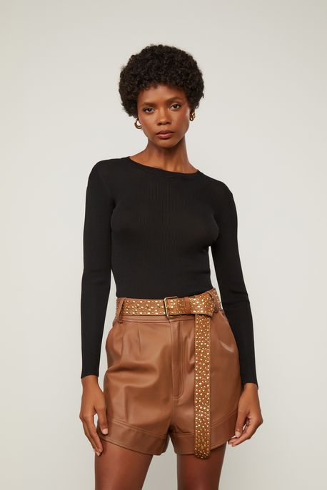 Blusa De Tricot Canelado Com Manga Longa Básica Preto - M