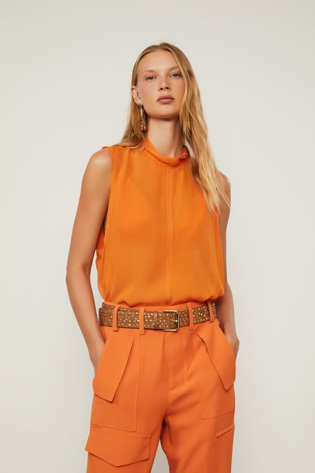 Blusa De Georgette Leve Com Top Laranja Decote Gota Costas Laranja Queimado - 38