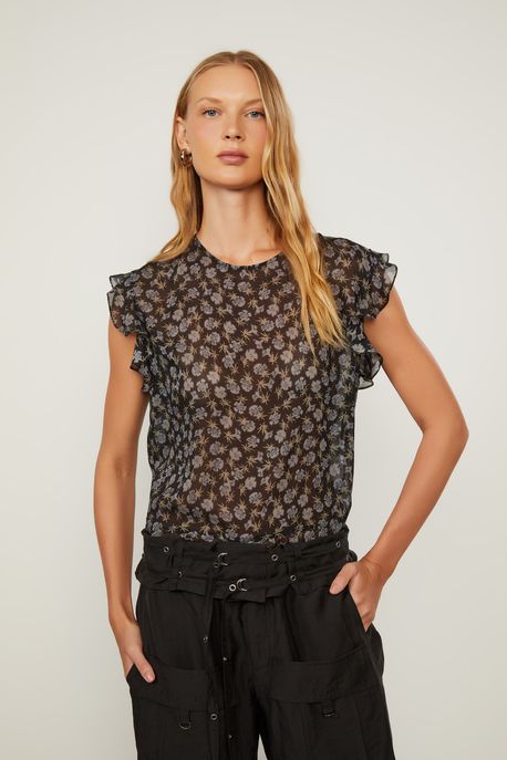 Blusa De Georgette Leve Babados Estampada Est Floral Seco Azul e Preto - 40