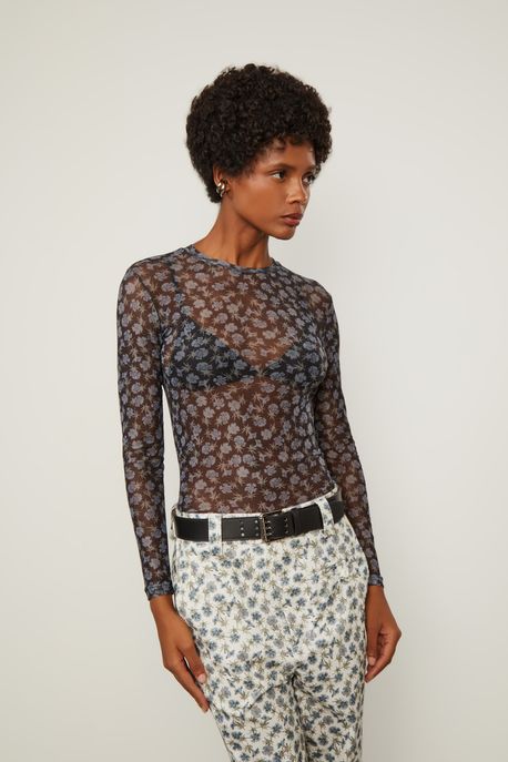 Blusa Manga Longa De Tule Estampado Floral Seco Est Floral Seco Azul e Preto - GG